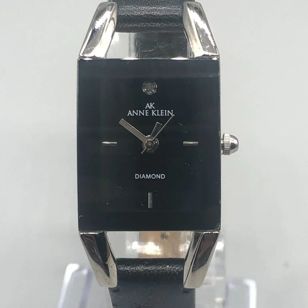 3/$30 Anne Klein Watch Women Silver Black Dial Leather Band New Battery 8.5"